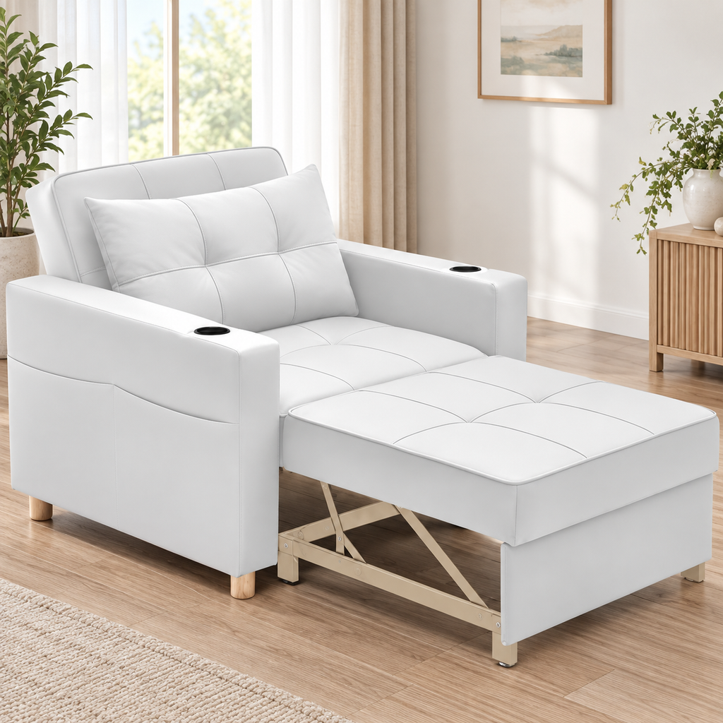 Modern Convertible Pull-Out Sleeper Armchair with Cup Holders