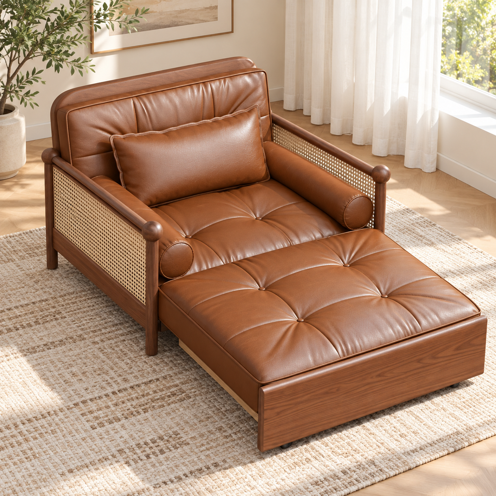 Mid-Century Modern Leather & Cane Pull-Out Sleeper Armchair