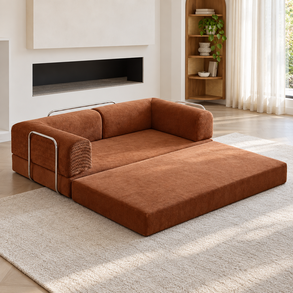 Contemporary Low-Profile Fold-Out Sleeper Sofa with Chrome Tubular Accents