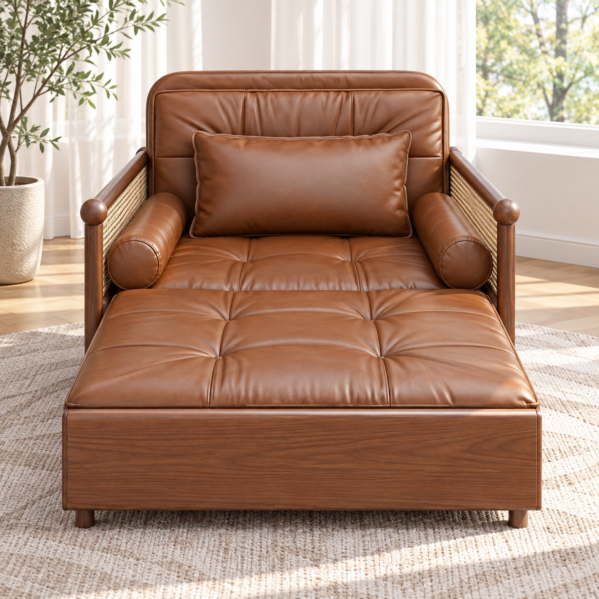 Mid-Century Modern Leather & Cane Pull-Out Sleeper Armchair
