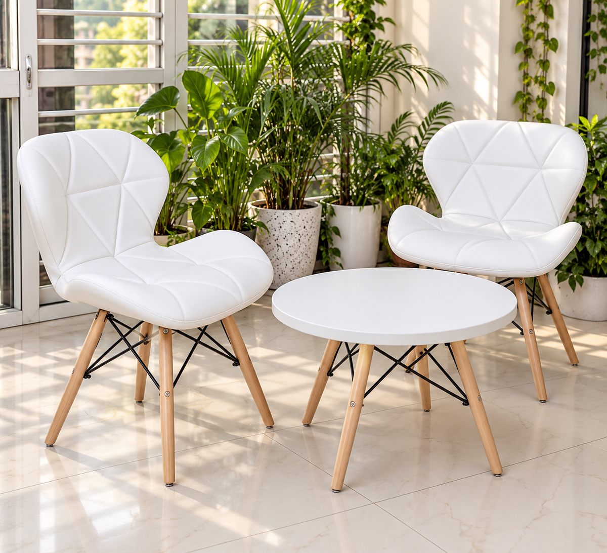 Scandinavian Modern 3-Piece Bistro Set (Two Geometric Accent Chairs & Round Coffee Table)