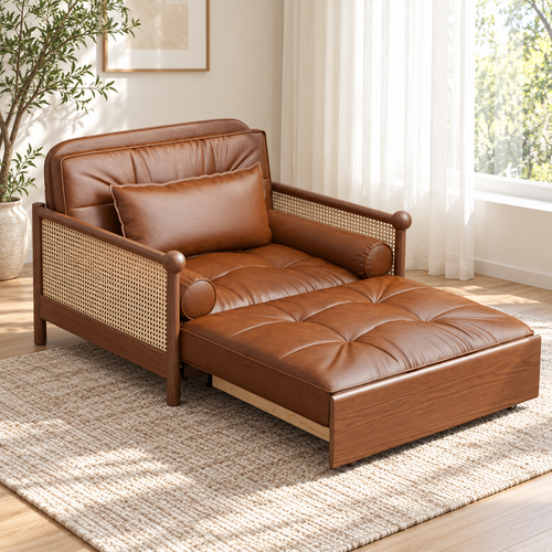 Mid-Century Modern Leather & Cane Pull-Out Sleeper Armchair