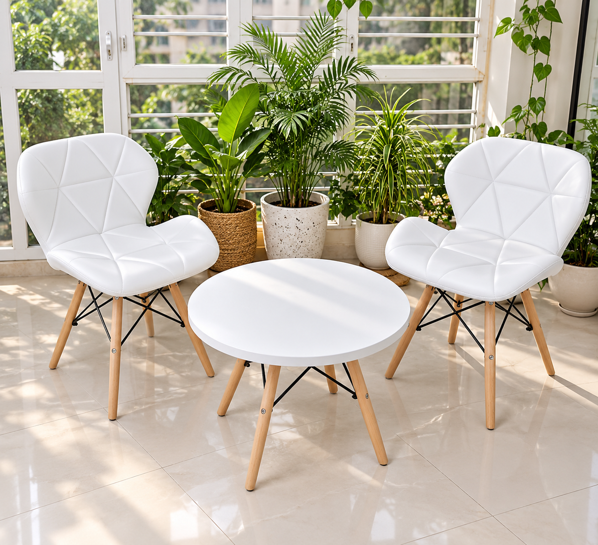 Scandinavian Modern 3-Piece Bistro Set (Two Geometric Accent Chairs & Round Coffee Table)