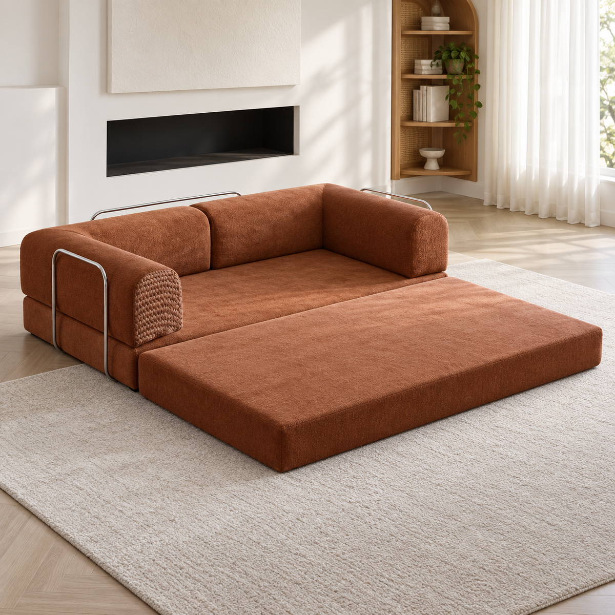 Contemporary Low-Profile Fold-Out Sleeper Sofa with Chrome Tubular Accents