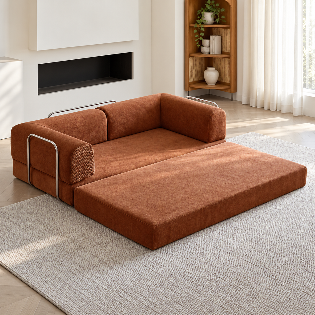Contemporary Low-Profile Fold-Out Sleeper Sofa with Chrome Tubular Accents