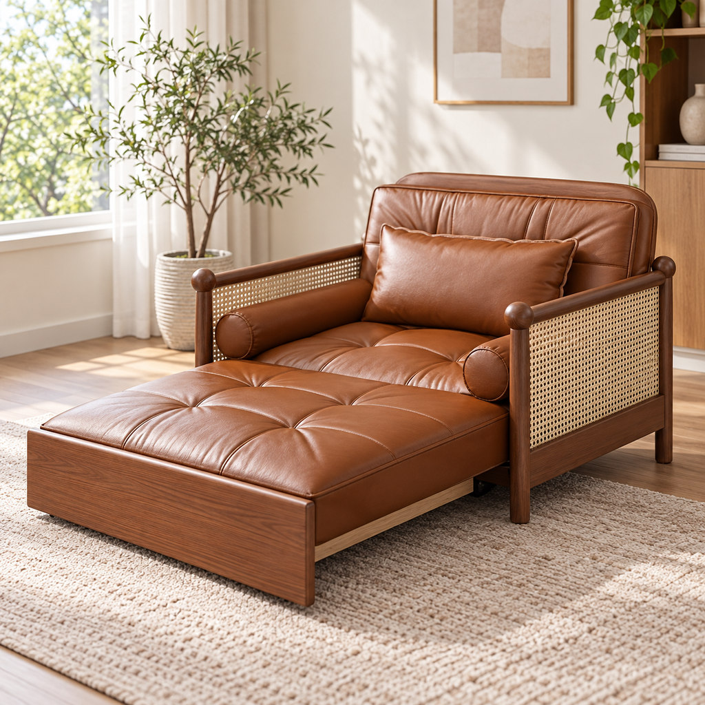 Mid-Century Modern Leather & Cane Pull-Out Sleeper Armchair