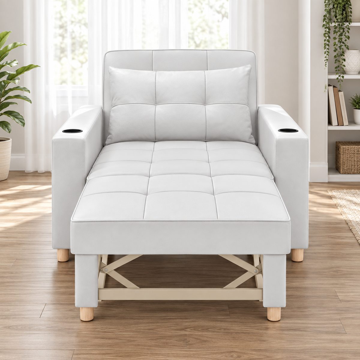 Modern Convertible Pull-Out Sleeper Armchair with Cup Holders