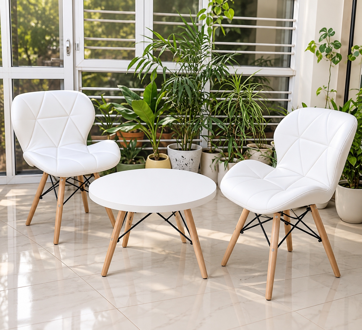 Scandinavian Modern 3-Piece Bistro Set (Two Geometric Accent Chairs & Round Coffee Table)