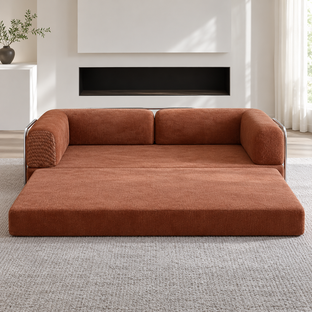Contemporary Low-Profile Fold-Out Sleeper Sofa with Chrome Tubular Accents